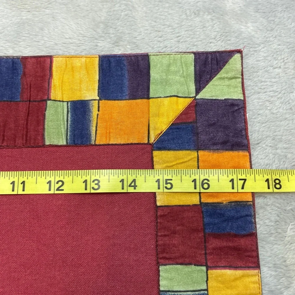 6 Boho Check Border Placemats 17.5x12.5 Red Multicolor Stained Glass Motif Artsy